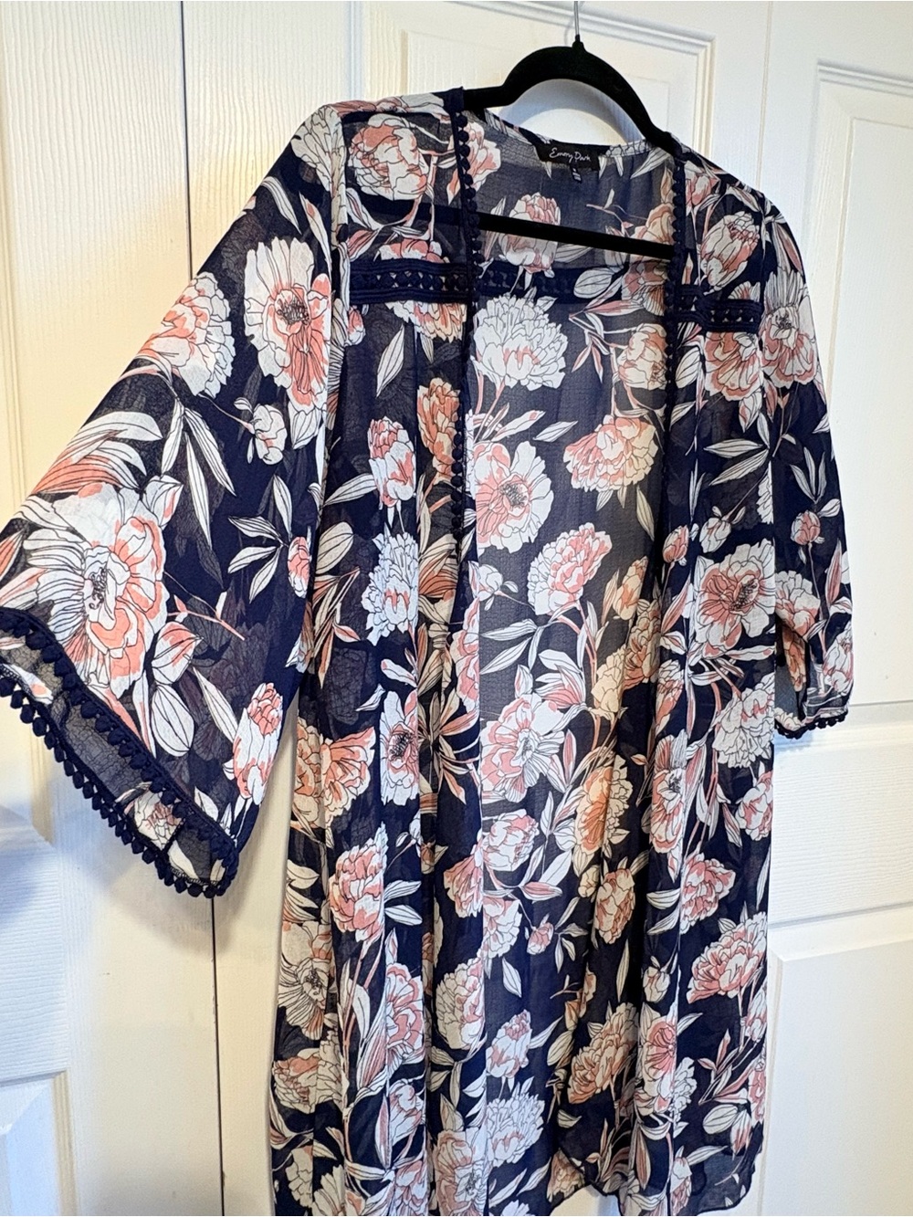 Emory Park Sheer Kimono Cover-Up Women’s Summer Boho Pom Pom Trim Size Medium
